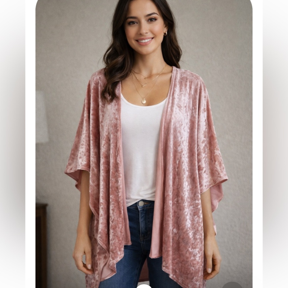 Blush Pink Crushed Velvet Open Kimono